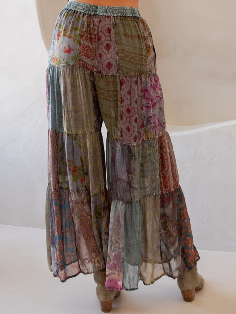 "The River" Gray Retro Revival Long Flared Patchwork Pants - Picture 4 of 6